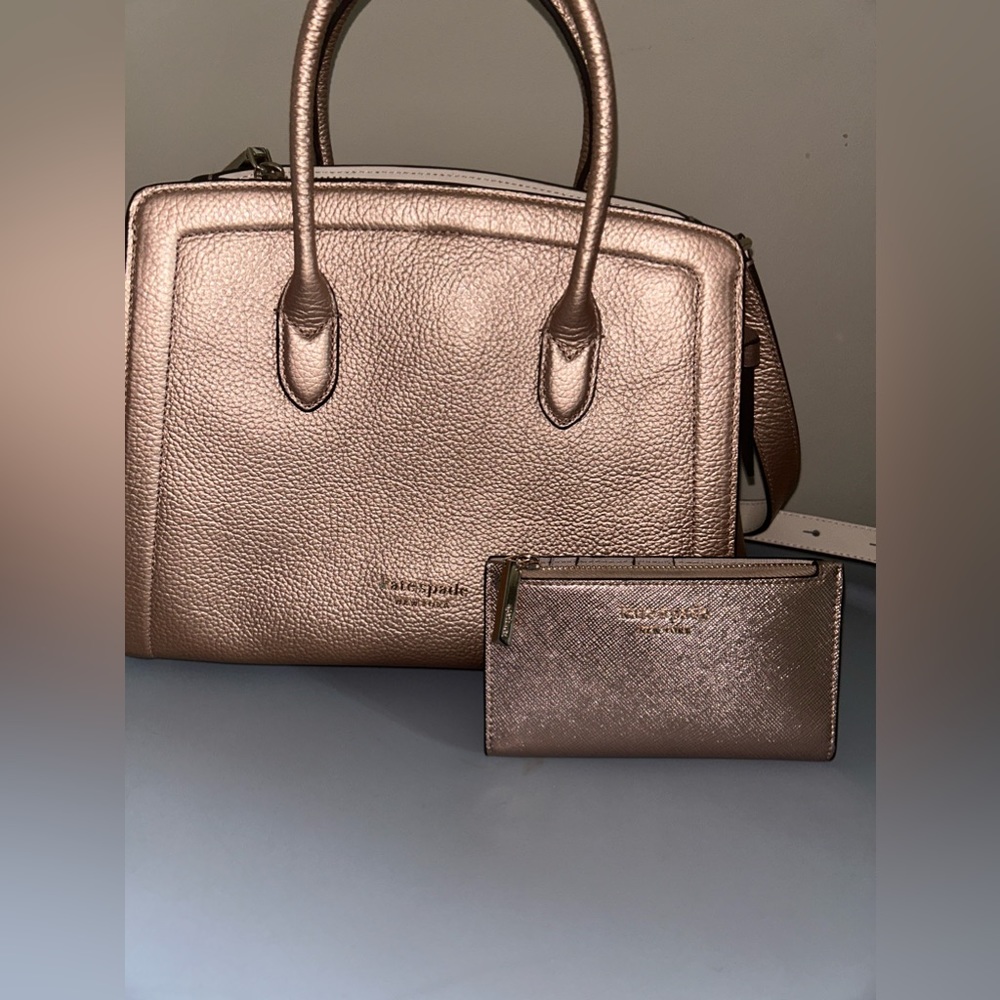 Kate Spade New York Metallic Leather Satchel & Matching Wallet - Rose Gold